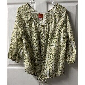Heart of Palm Top Womens 12 Mesh Tropical Button Up Round  3/4 Sleeved Front Tie